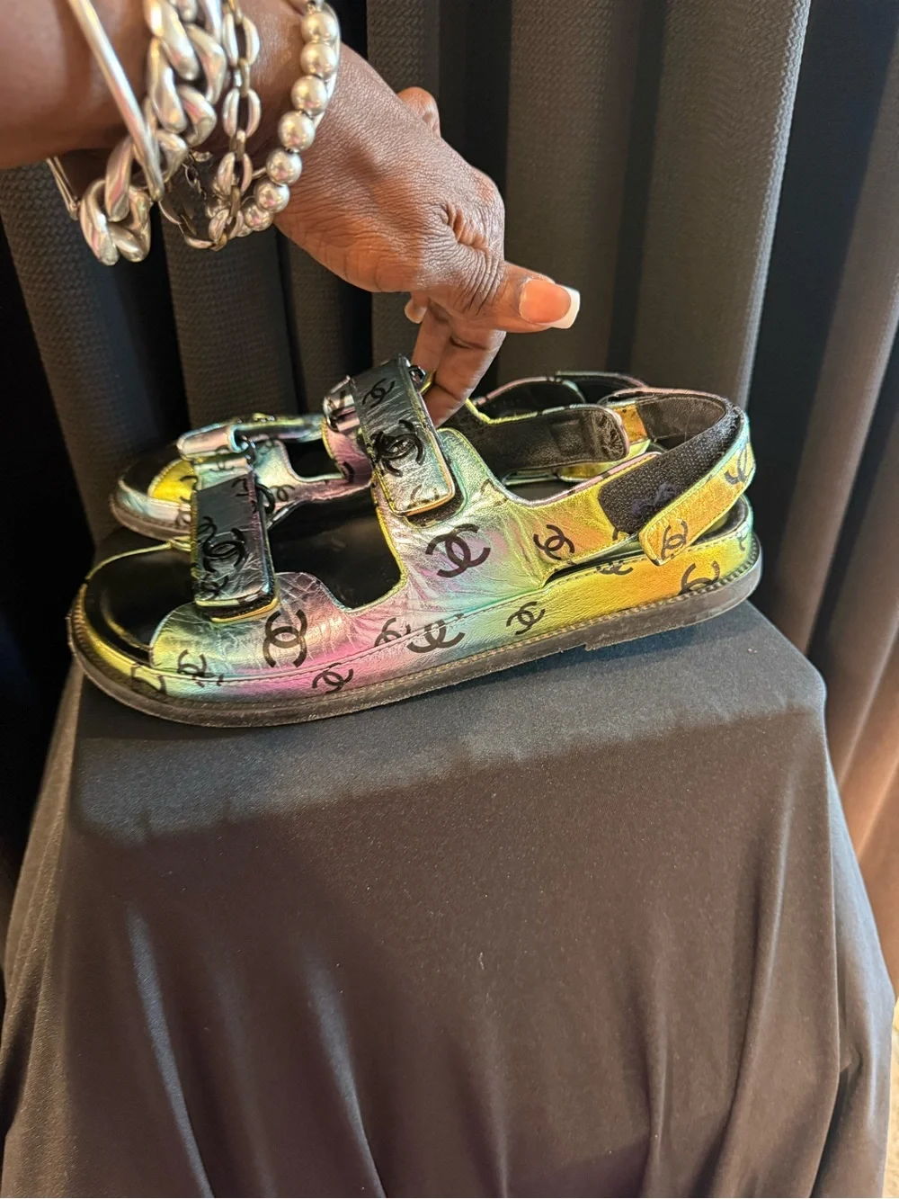 CHANEL Iridescent Logo Double-Strap Sandals - Multicolor Shine